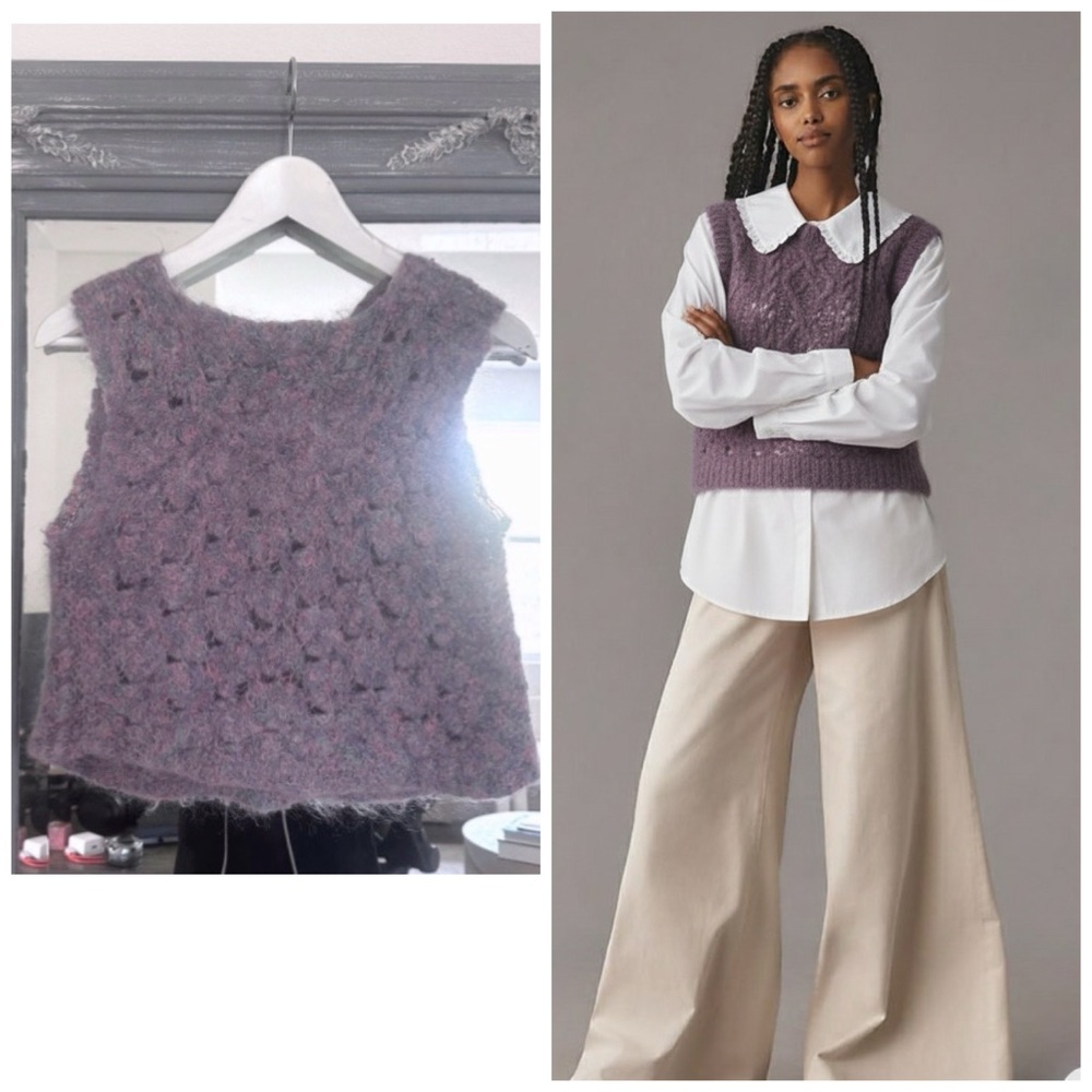 Vintage 90s Purple Mohair Crochet Hand Knit Sleeveless Sweater Y2K Cottagecore S